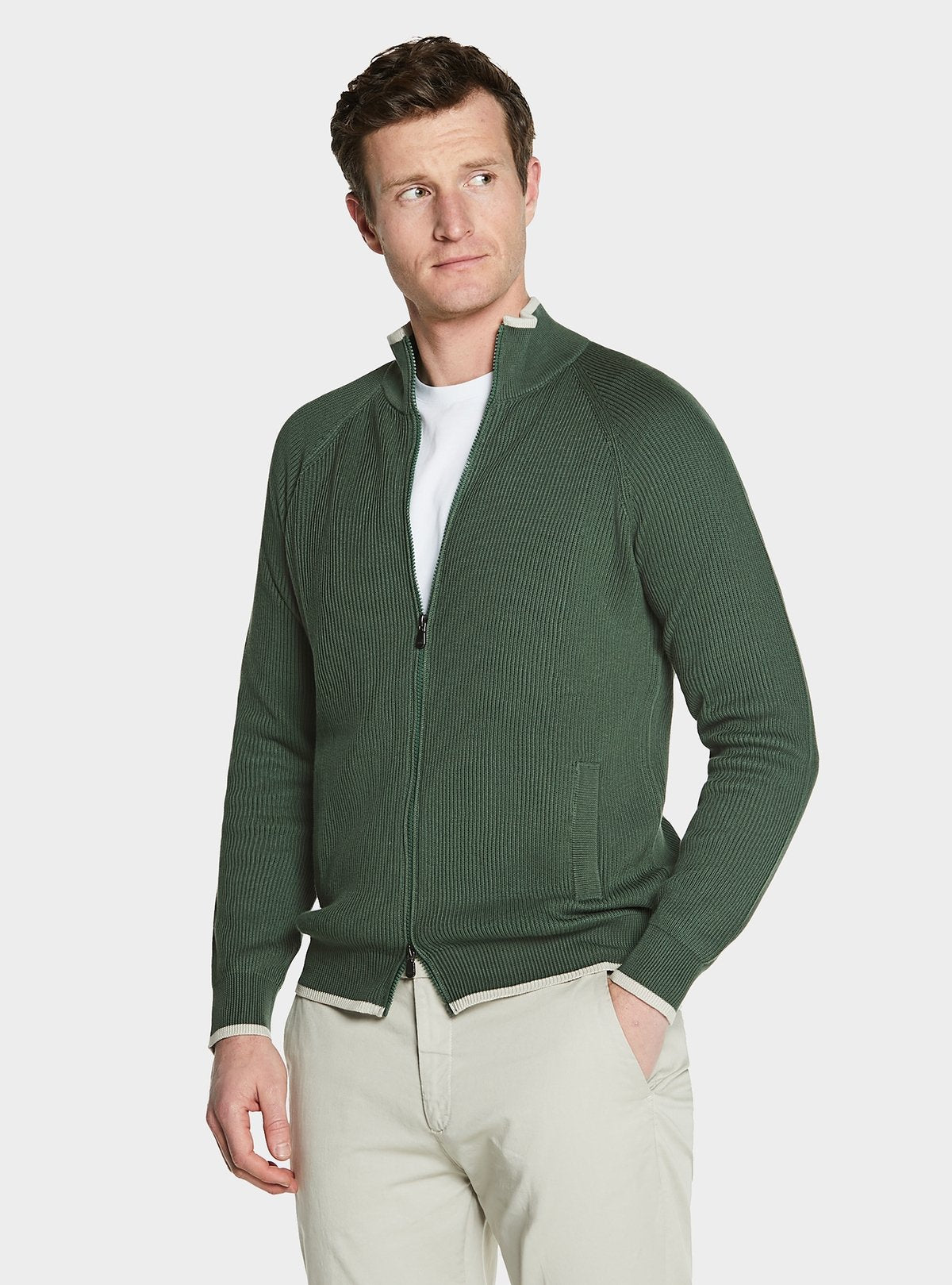 Maglia full zip a coste in puro cotone-0