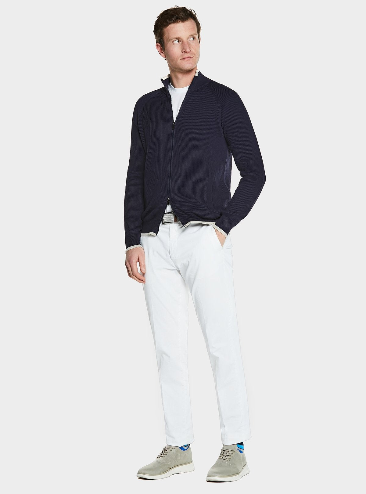 Maglia full zip a coste in puro cotone