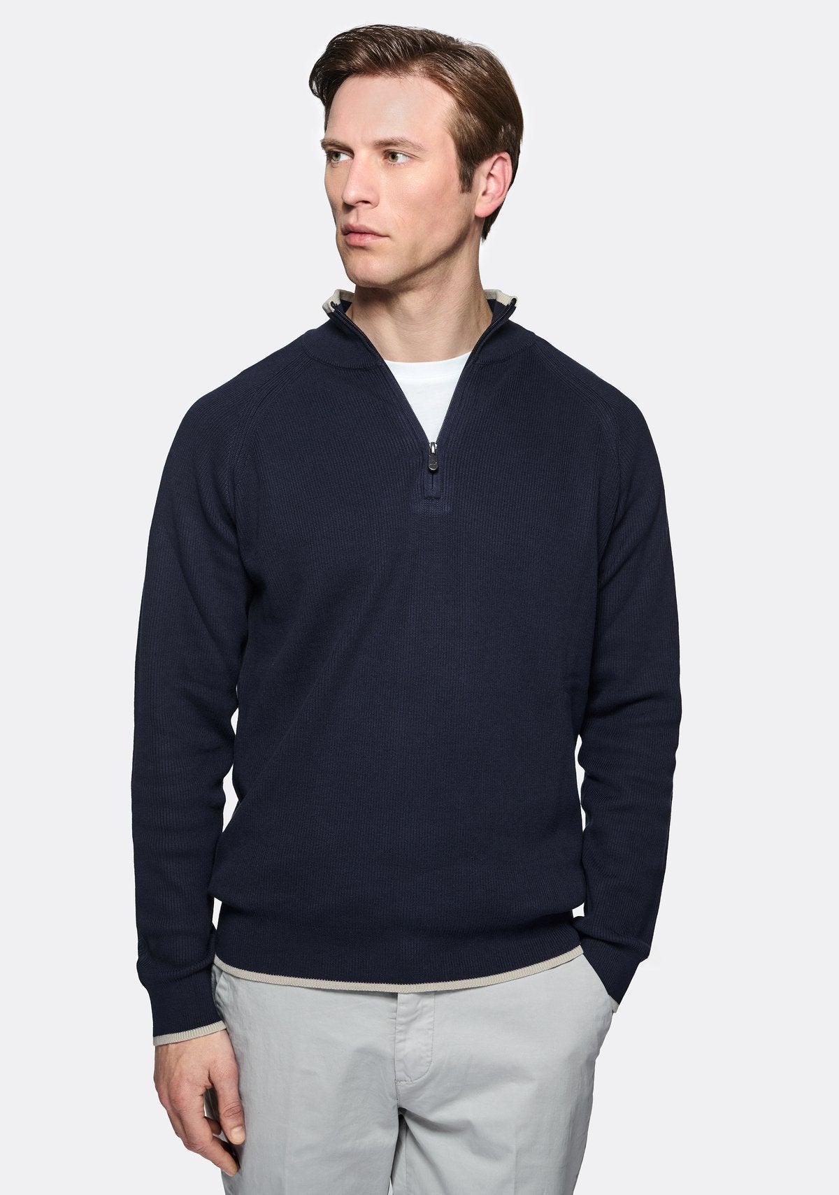 Maglia Uomo con Mezza Zip in Puro Cotone Regular Fit Blu
