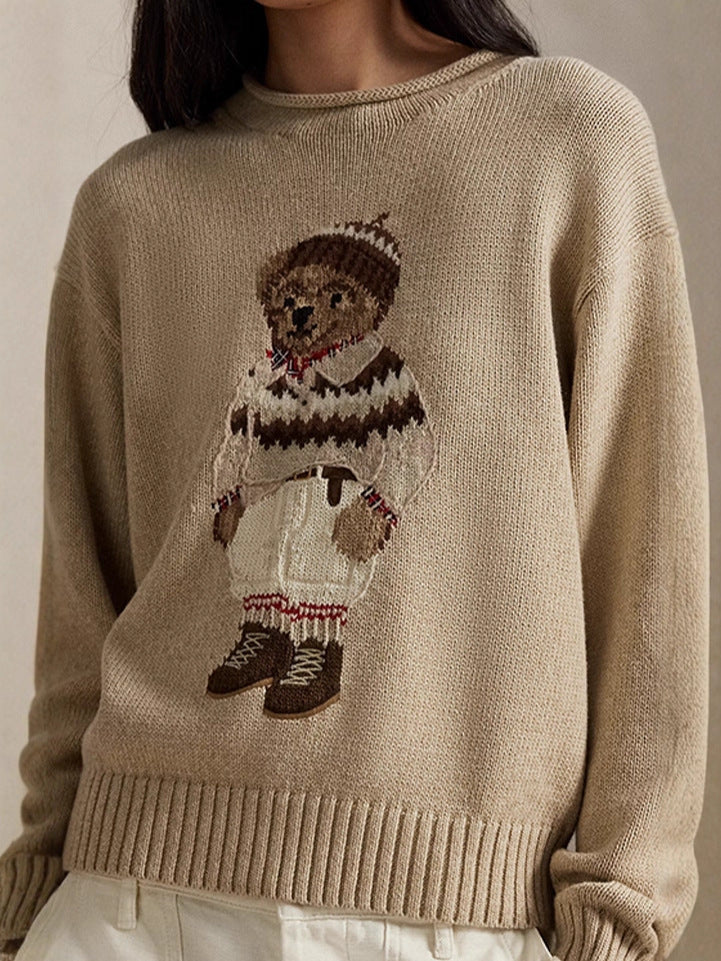 Women's teddy bear embroidery retro slim fit sweater American college style knitted sweater top-0