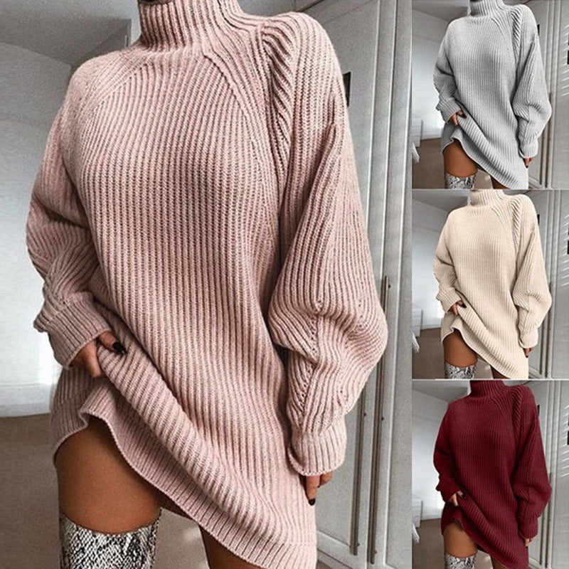 Solid Turtleneck Long Sweater Winter Warm Women Sweater Dress-0