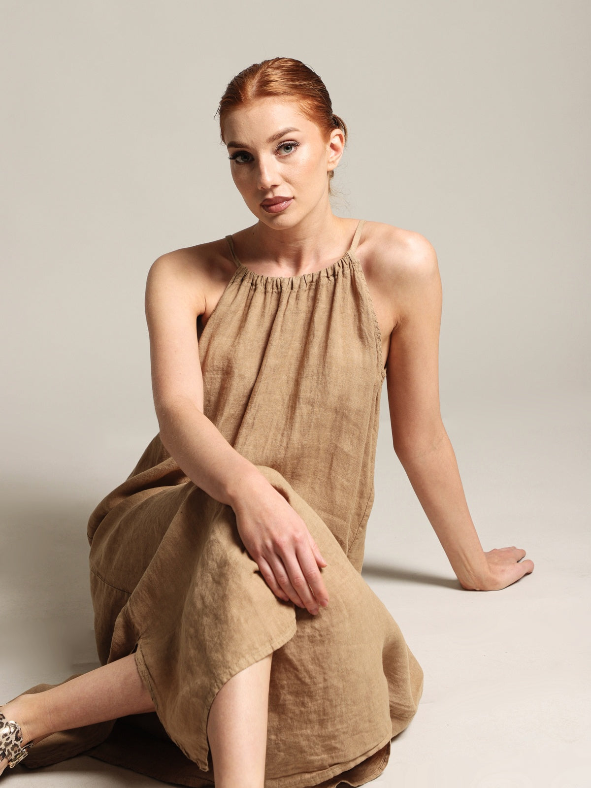 Women's 100% Linen Brown Dress Capsule Collection Handmade in Italy-0