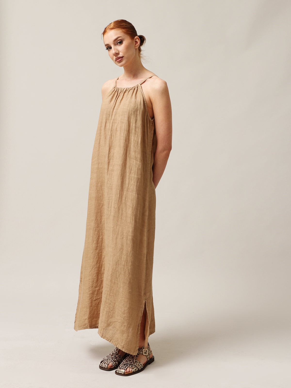 Women's 100% Linen Brown Dress Capsule Collection Handmade in Italy-0