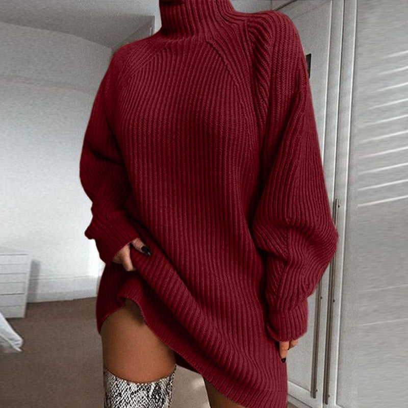 Solid Turtleneck Long Sweater Winter Warm Women Sweater Dress-0