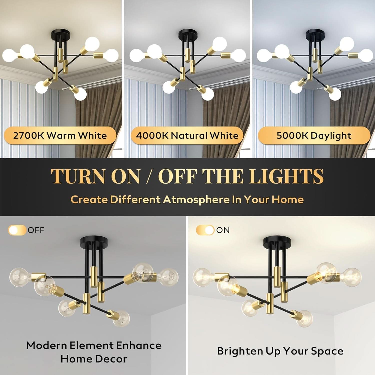 Modern Sputnik Chandelier Ceiling Light 6 Lights Black-0