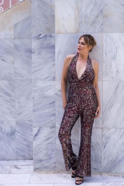 Red/Silver Jumpsuit Hand-Embroidered with Crystal Sequins Polyesters Blend