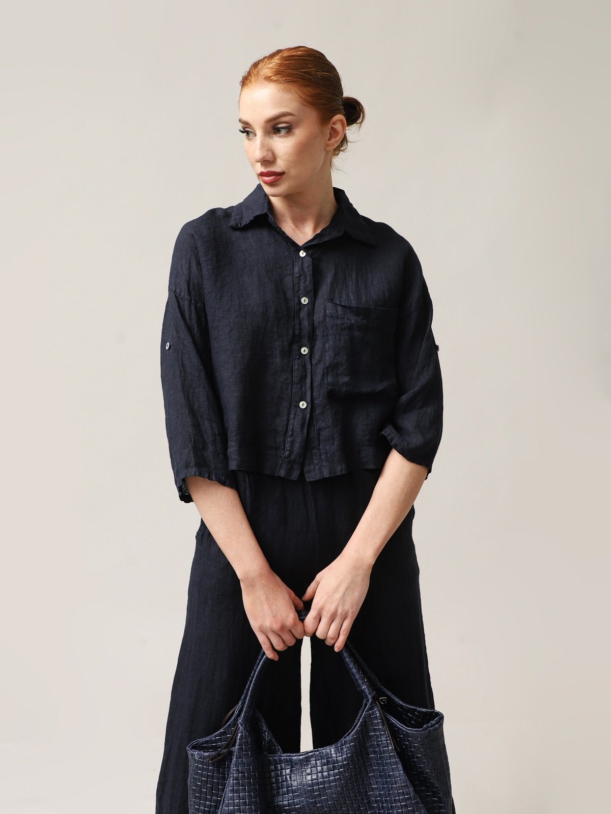 Women's Navy Blue Linen Shirt by Marškin from Italy Capsule Collection-0