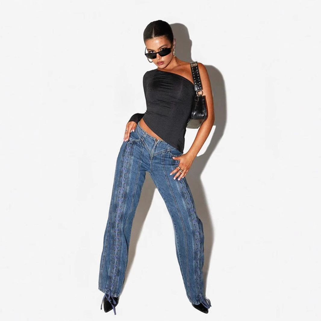 Blue Low Waist Lace-up Wide-leg Straight Leg Women's Jeans-0