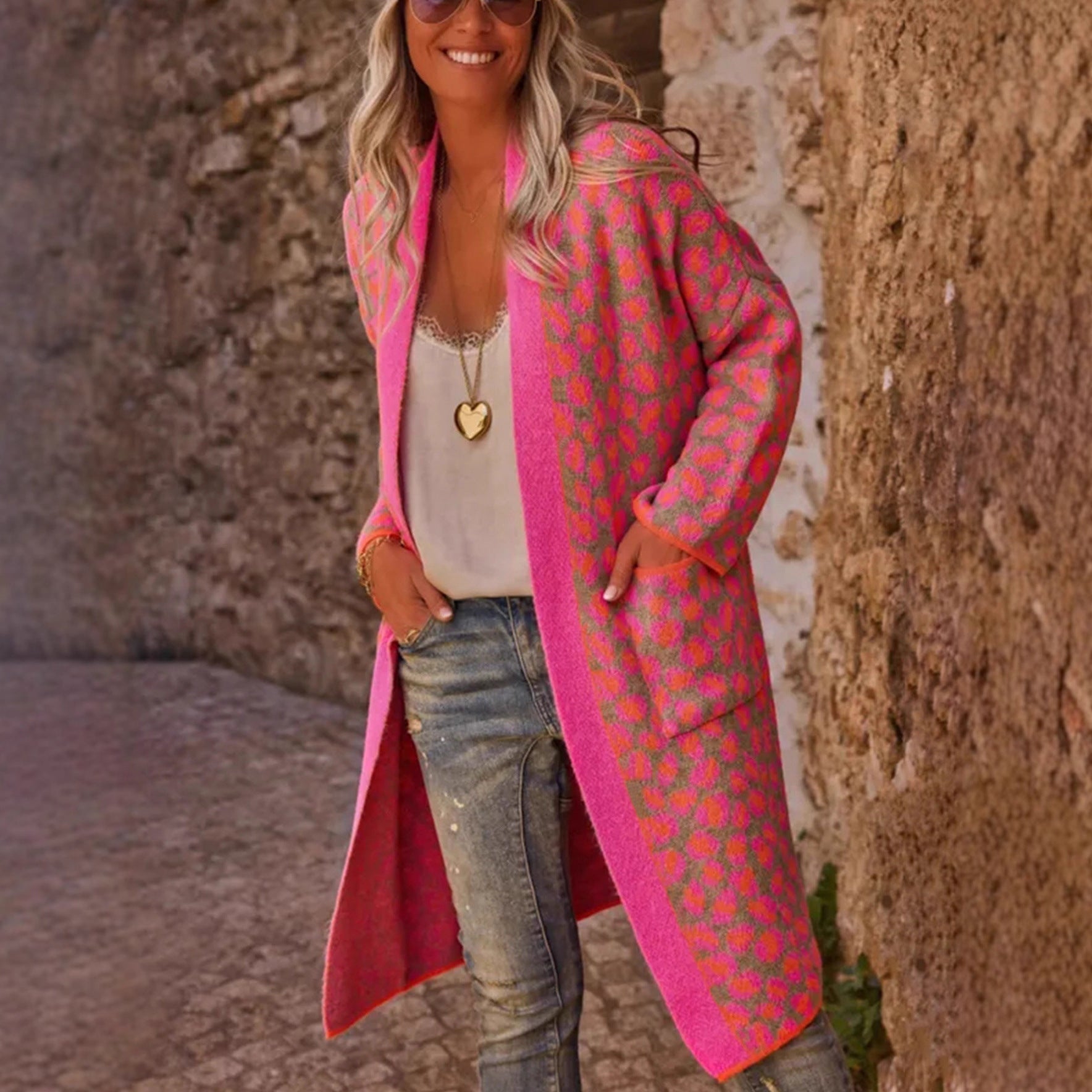 Contrast Color Leopard Print Long Knitwear Fashion Retro Pocket Sweater Women's Coat-0