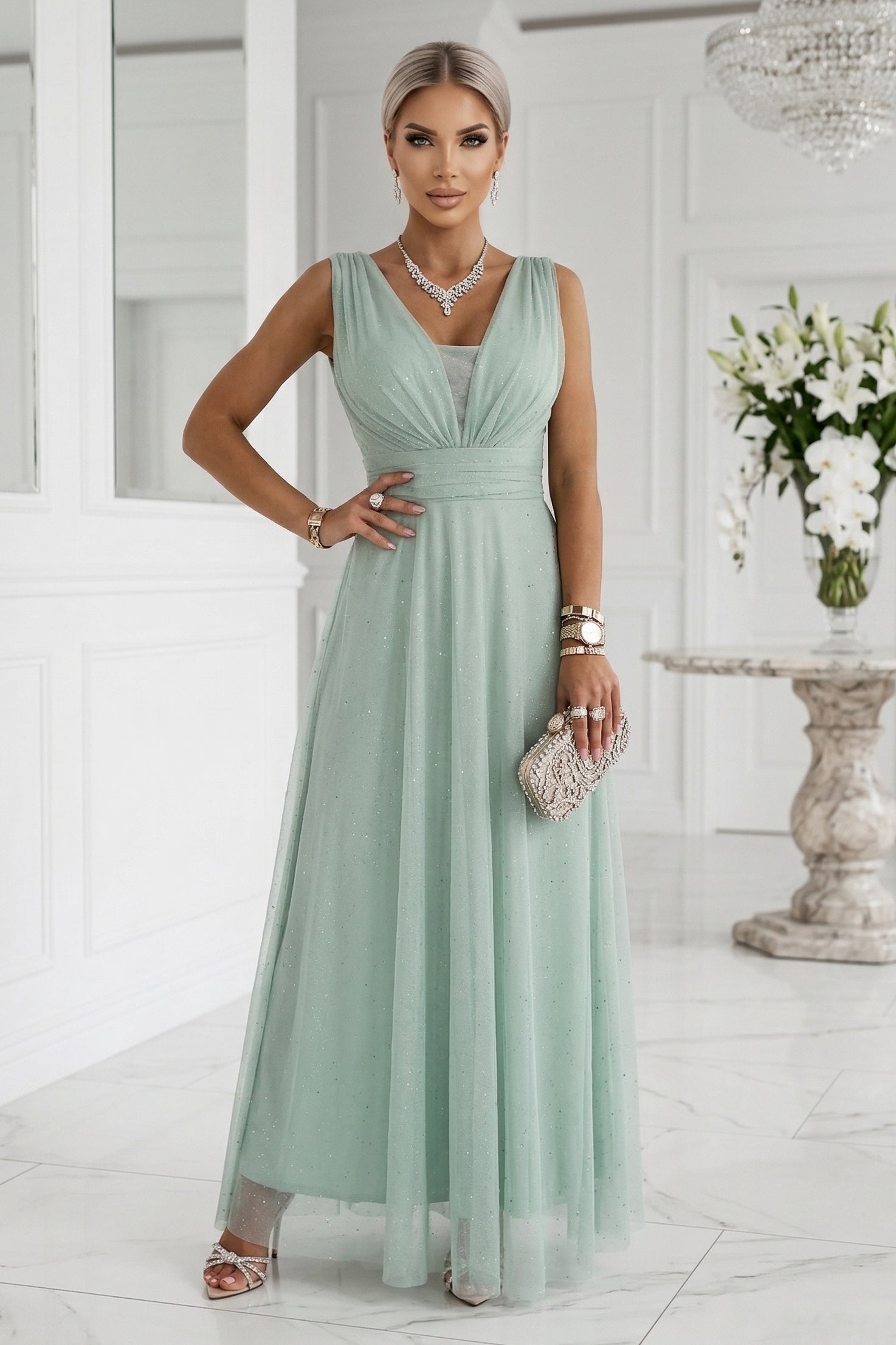 Numoco Basic 637-5 Long Maxi Dress with Glitter Accent and Deep Neckline - Pistachio-0