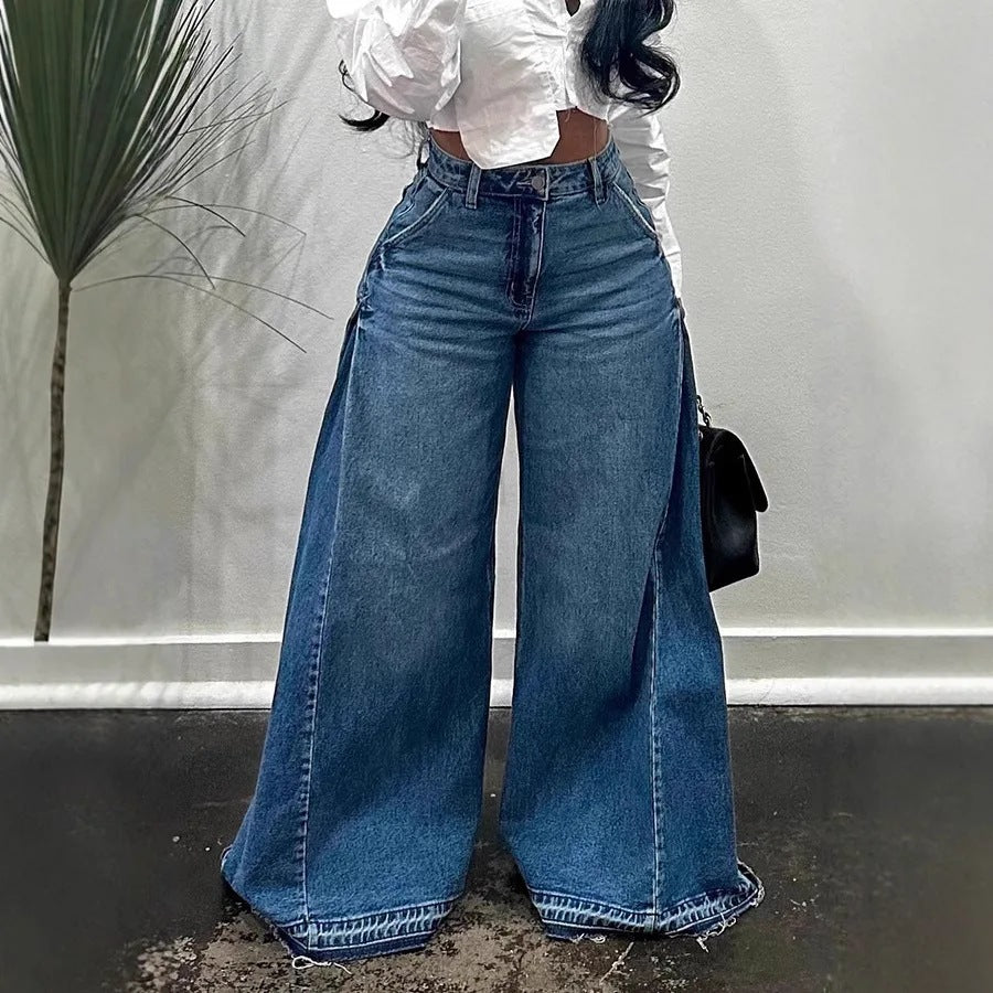 Loose Wide Leg Bell-Bottom Chenille Jeans Black Gray Blue Casual Pants-0