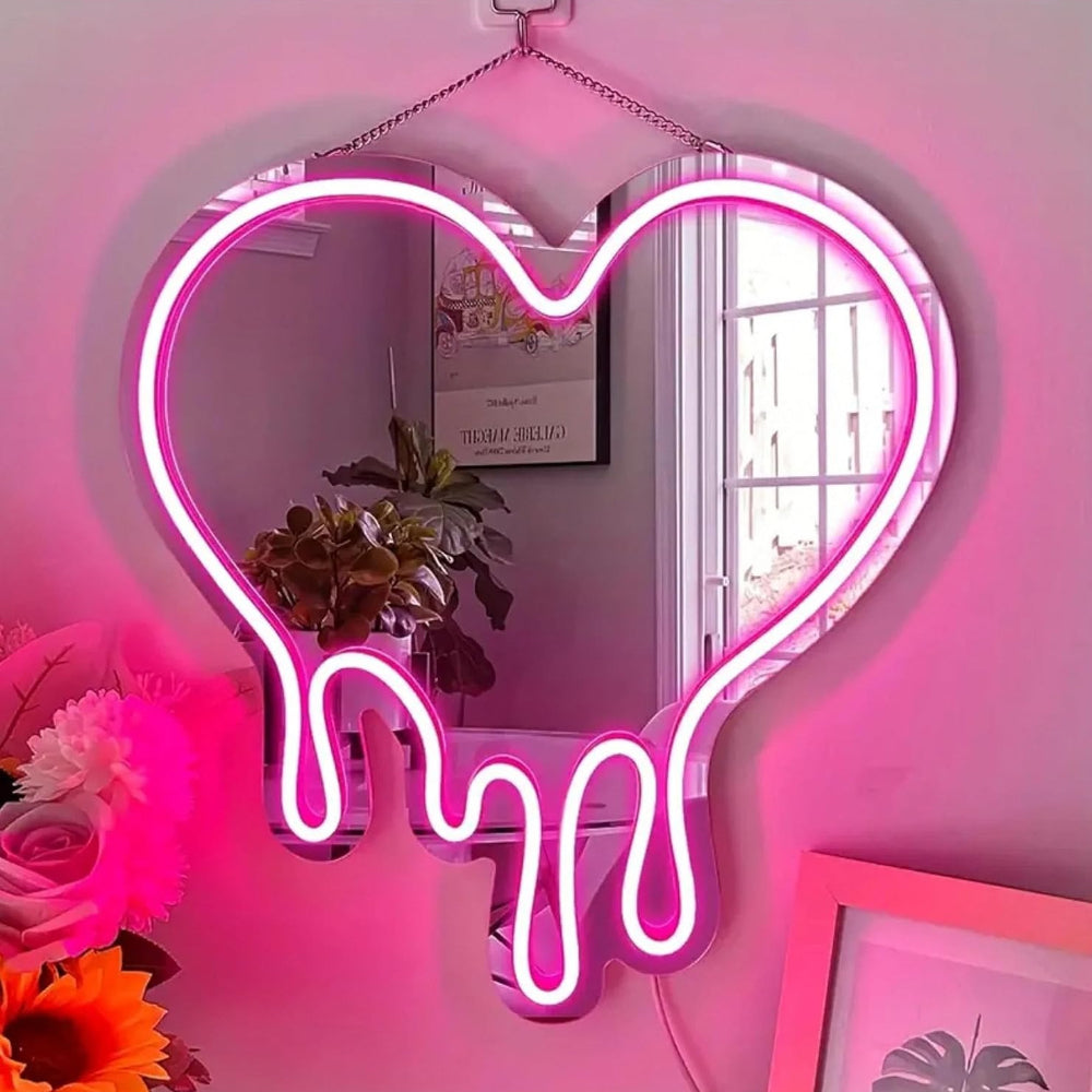 Pink Heart-Melting Neon Light Mirror, Decorative Wall Mirror-0