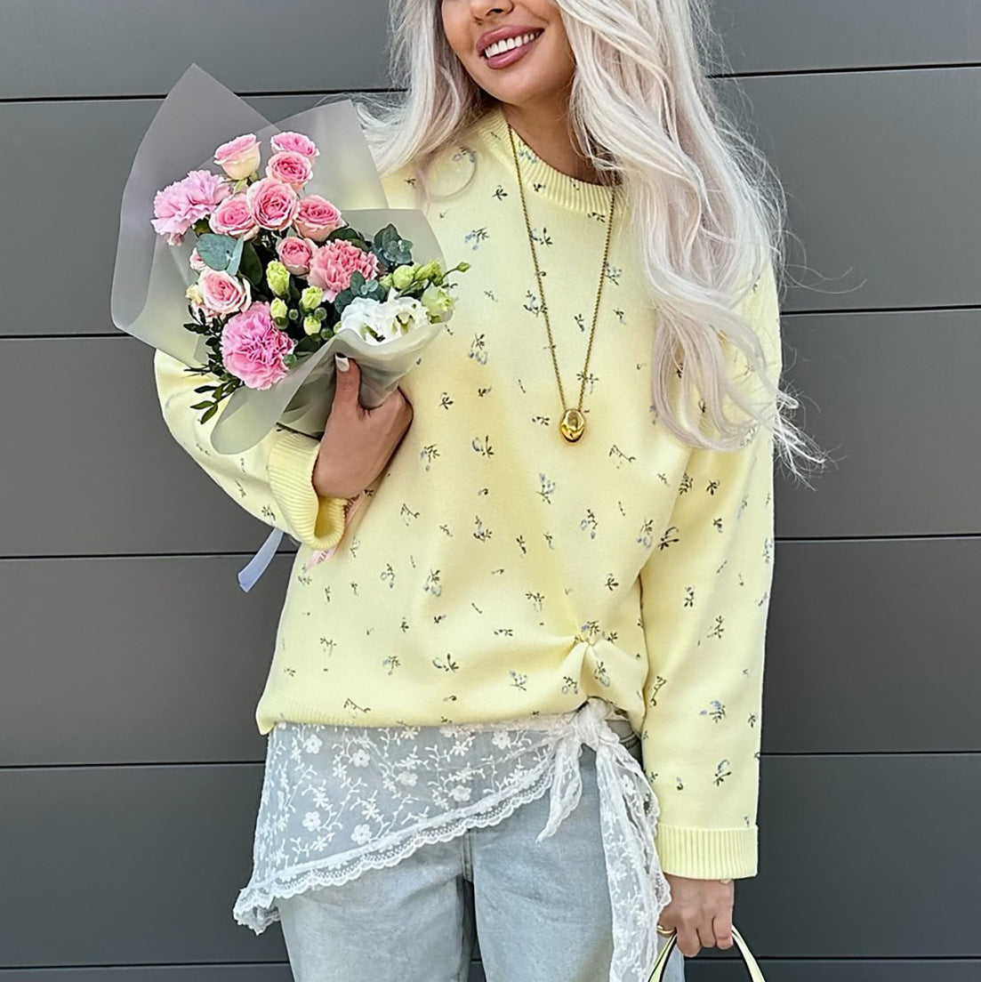 Womens European And American-style Chic Floral-print Crew-neck Pullover Sweater-0