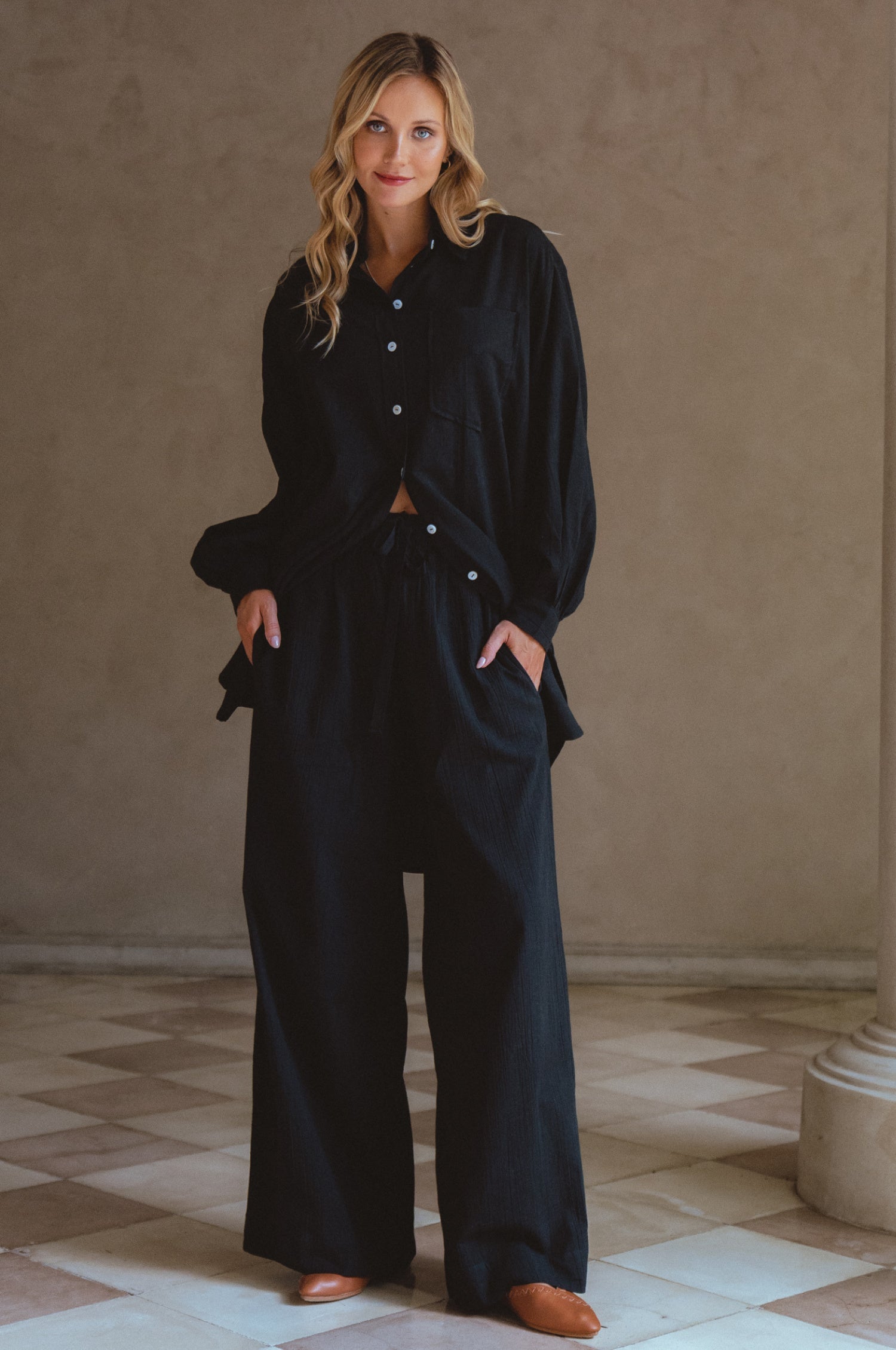 Calin Wide Leg Linen Pants SALE 100% Breathing Crinkle Fabric-0