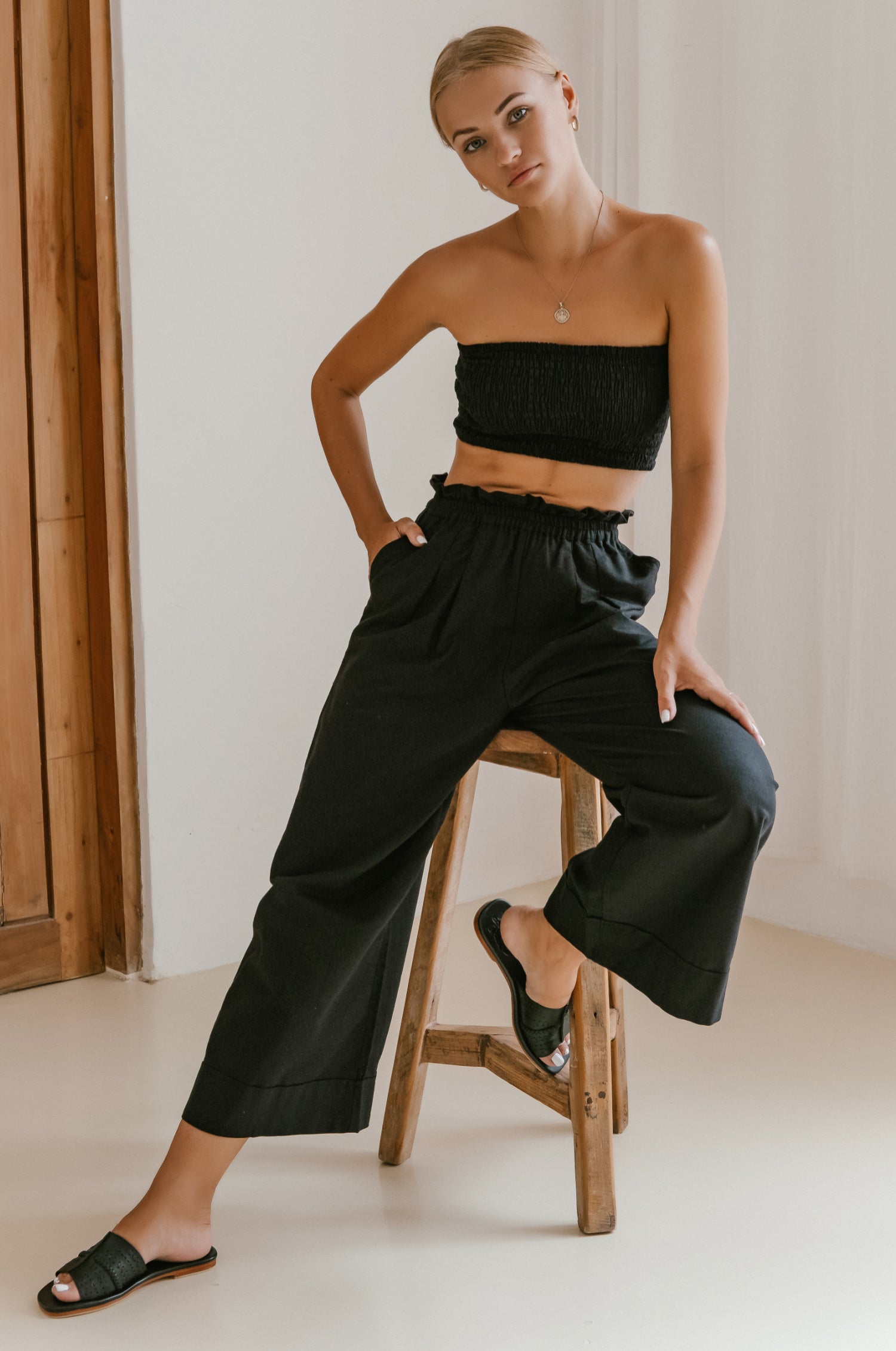 Delhi 100% Linen Wide Leg Black Pants with Dual Pockets-0
