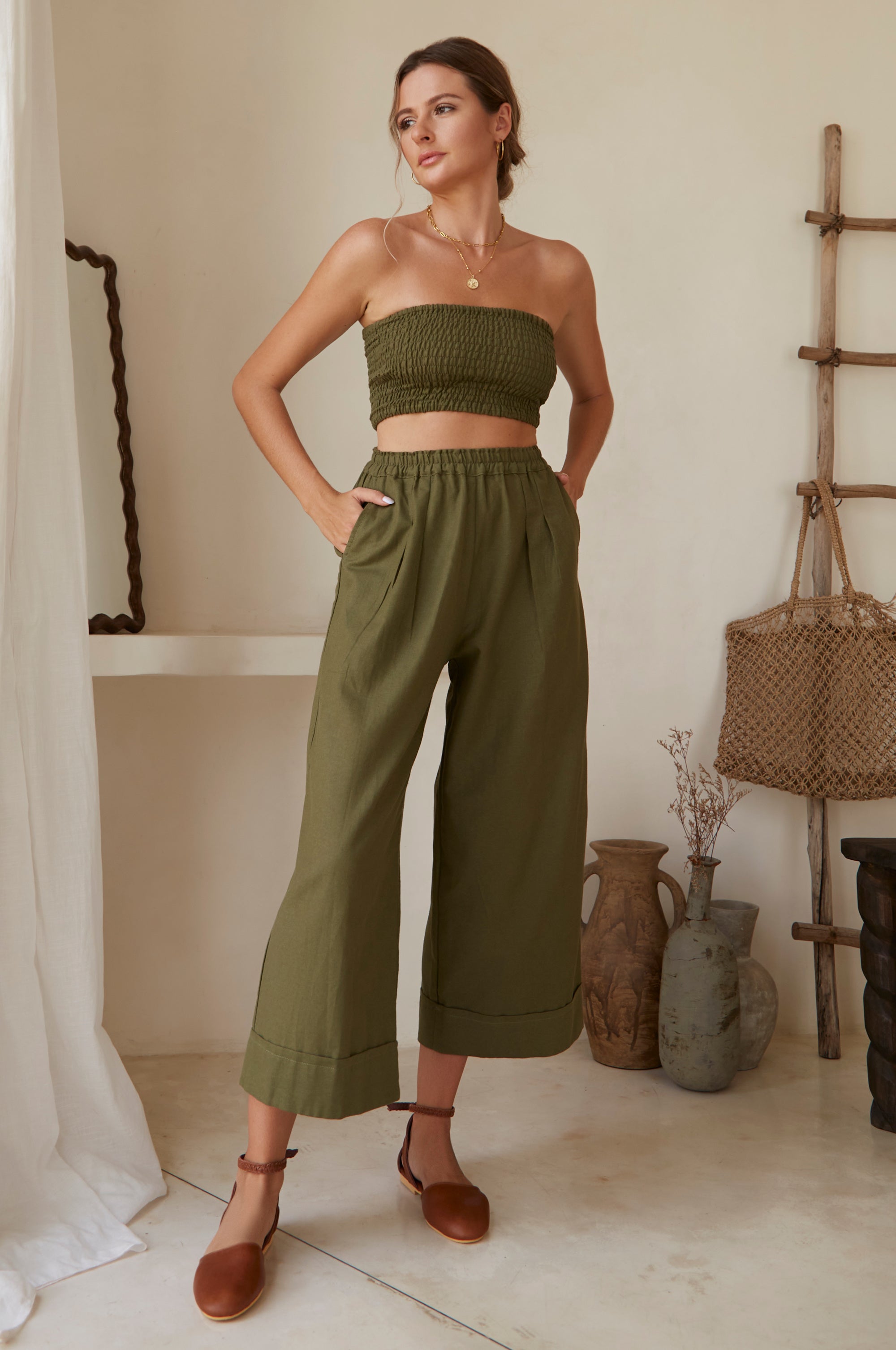Delhi Linen Wide Leg Pants Sale Handcrafted 100% Linen Elastic Waist Dual Pockets-0