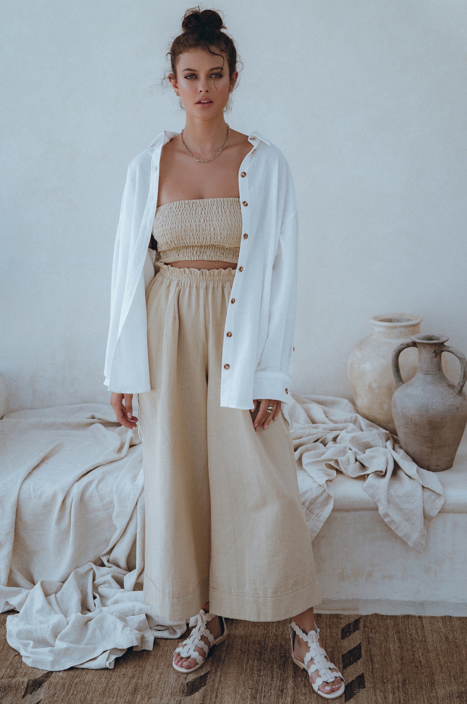 100% Linen Wide Leg Delhi Pants Beige Trousers Set-0