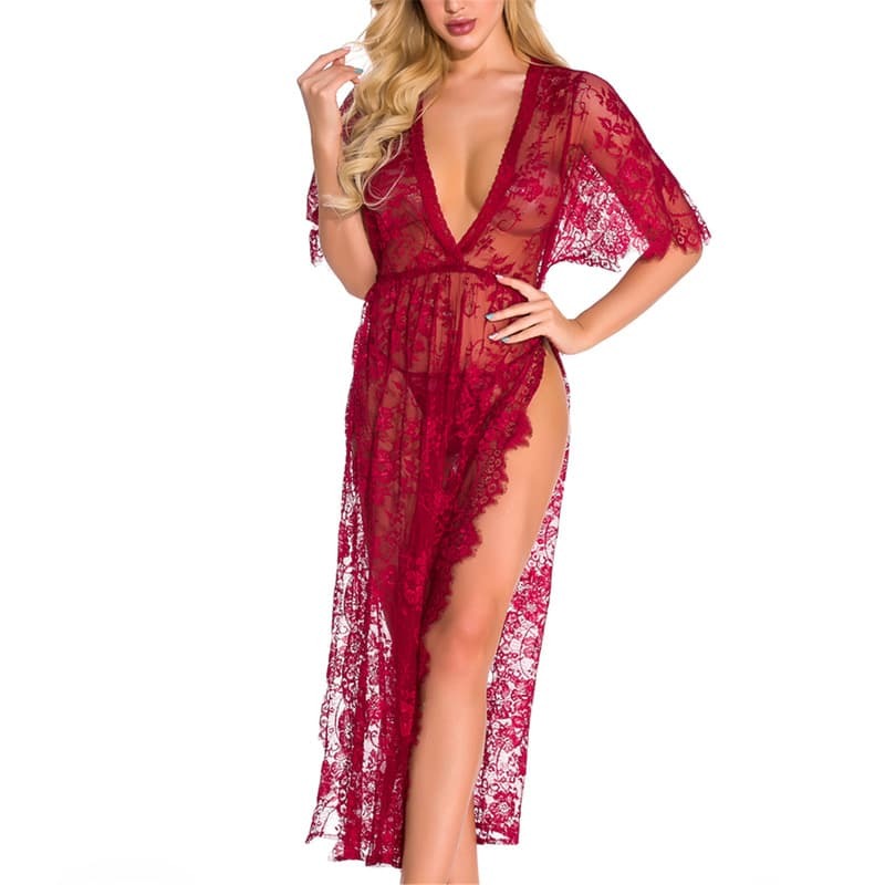 Sheer Pajamas Side Slit Long Chemise Lace Nightwear Set-10