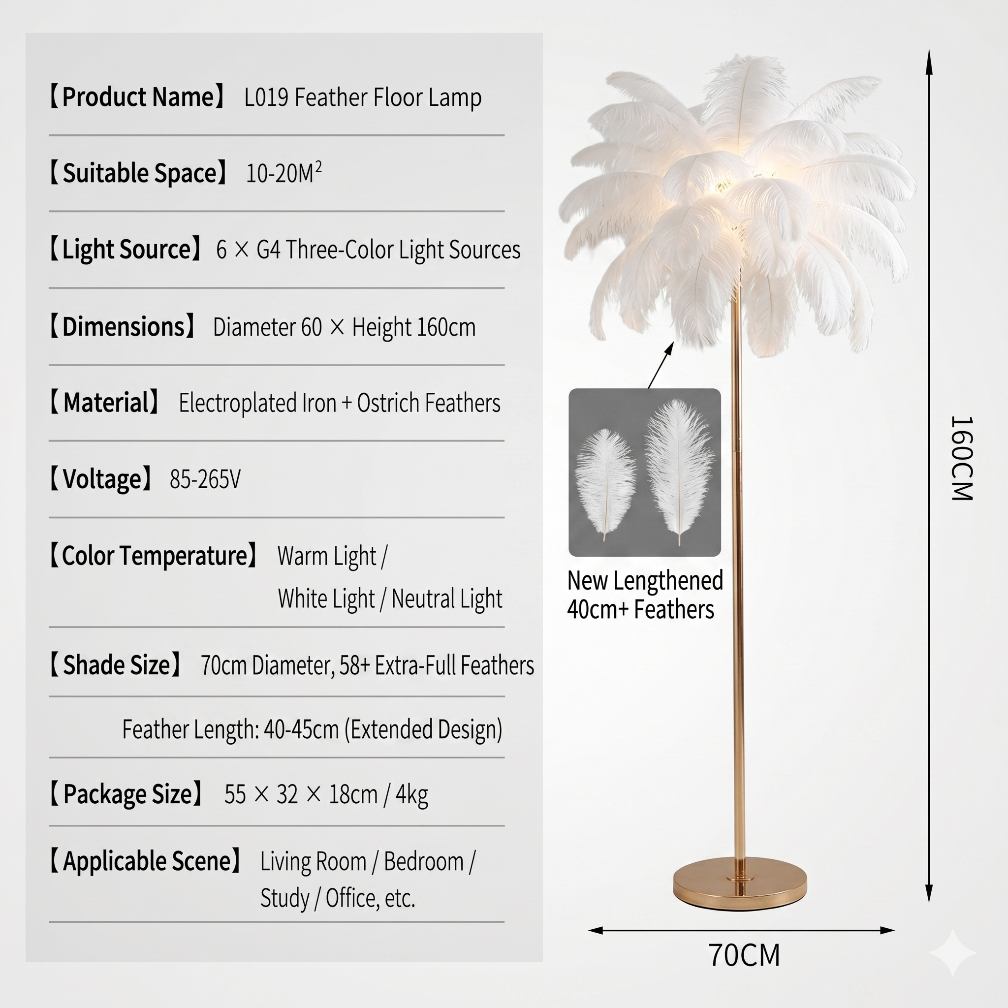 Luxury Ostrich Feather Floor Lamp, 160cm Tall Modern Standing Light with 58+ Extra-Full 45cm Lengthened Feathers-0