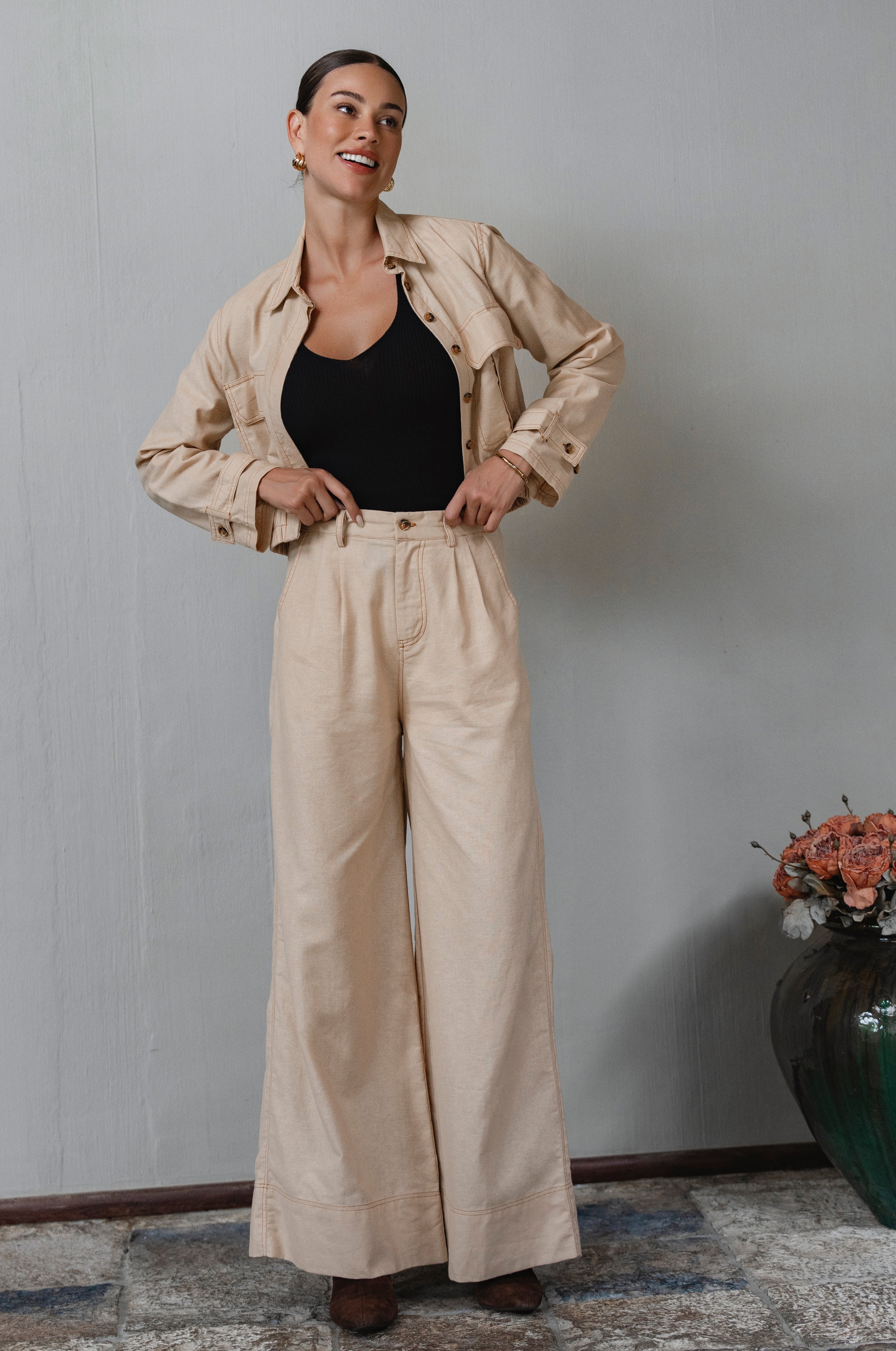 Linen Wide Leg Pants High Waist Pleated Front-0