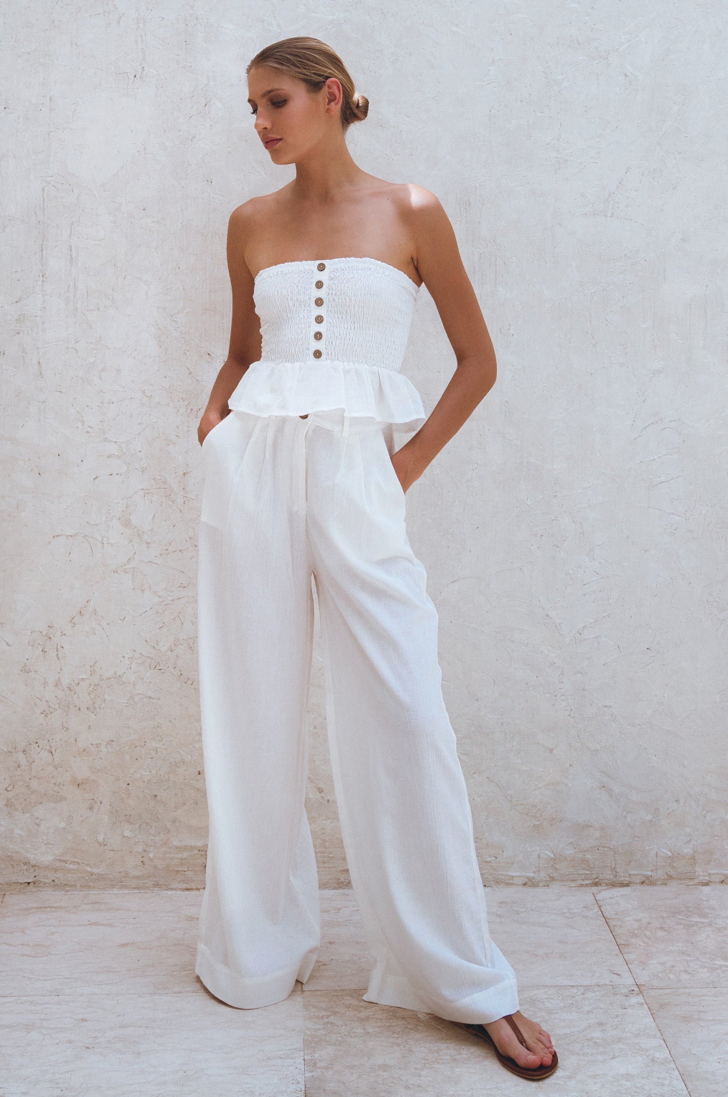 White Linen Wide Leg Pants with Elastic Waistband-0