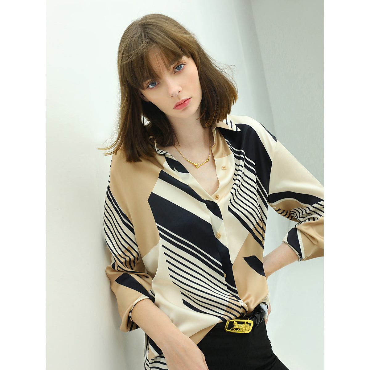 Abstract Geometric Print Silk Khaki Shirt Woman Edition Clothing Luxury Designs-0