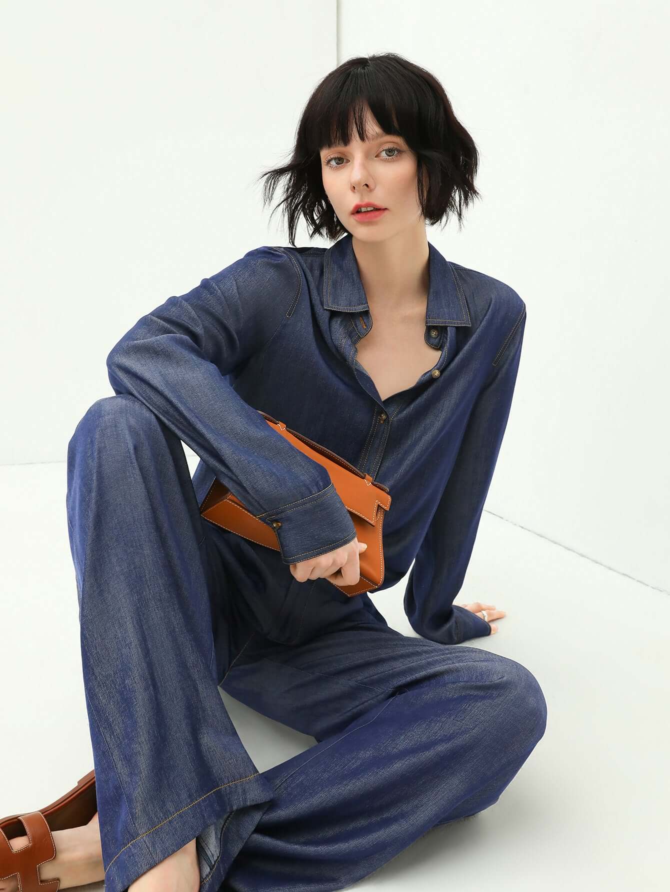 Women's Navy Blue All-Purpose Denim Shirt Slim Fit with Power Shoulders-0