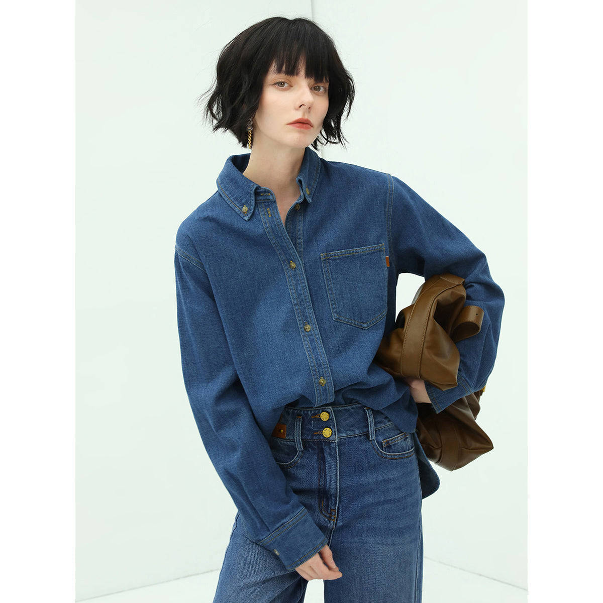 American Classic Buttoned Long Sleeve Blue Denim Shirt for Women-0