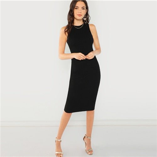 Black Elegant Solid Pencil Dress Slim Sleeveless Knee Length Sexy Workwear Dresses Women Plain Sheath Summer Dress-0