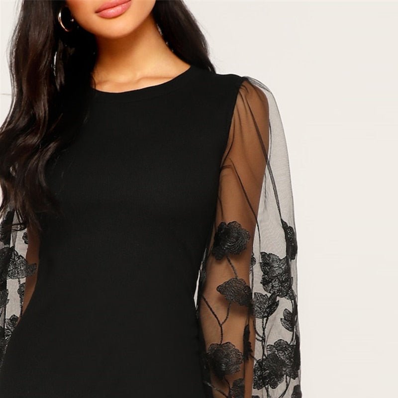 Black Embroidery Mesh Insert Stretchy Bishop Sleeve Fitted Knee Length Bodycon Dress Women Spring Sheath Dresses-0