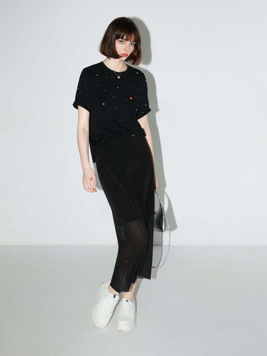 Black Rhinestone Starry Sky Short Sleeve Tee - Glitter Tees for Women-0