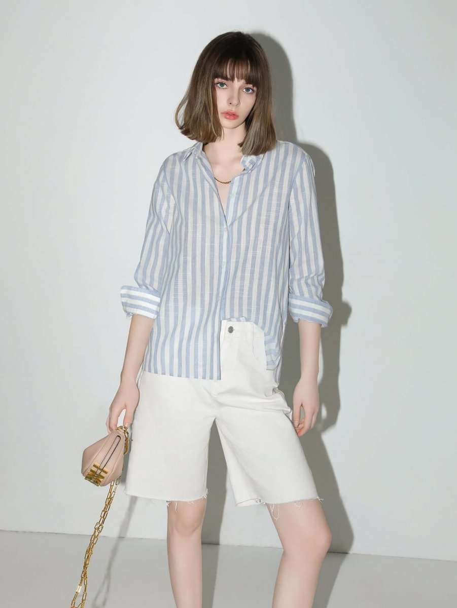 Blue White Striped Long Sleeve Collared Shirt Classic Versatile Comfort-0