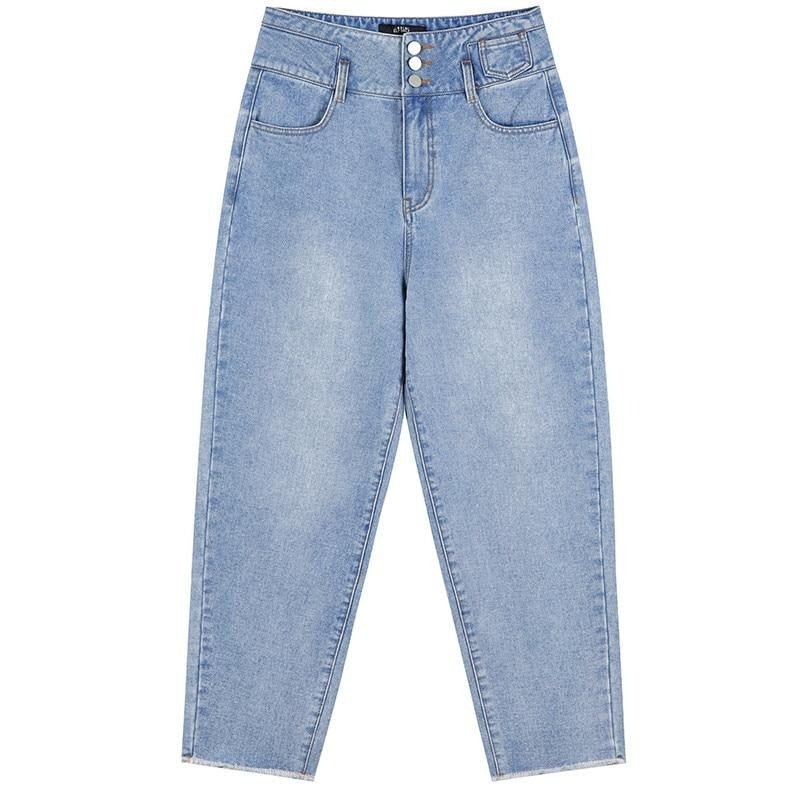 Blue Solid High Waist Straight Harem Jeans Casual Women's Minimalist Pants Cotton Ankle-Length-0
