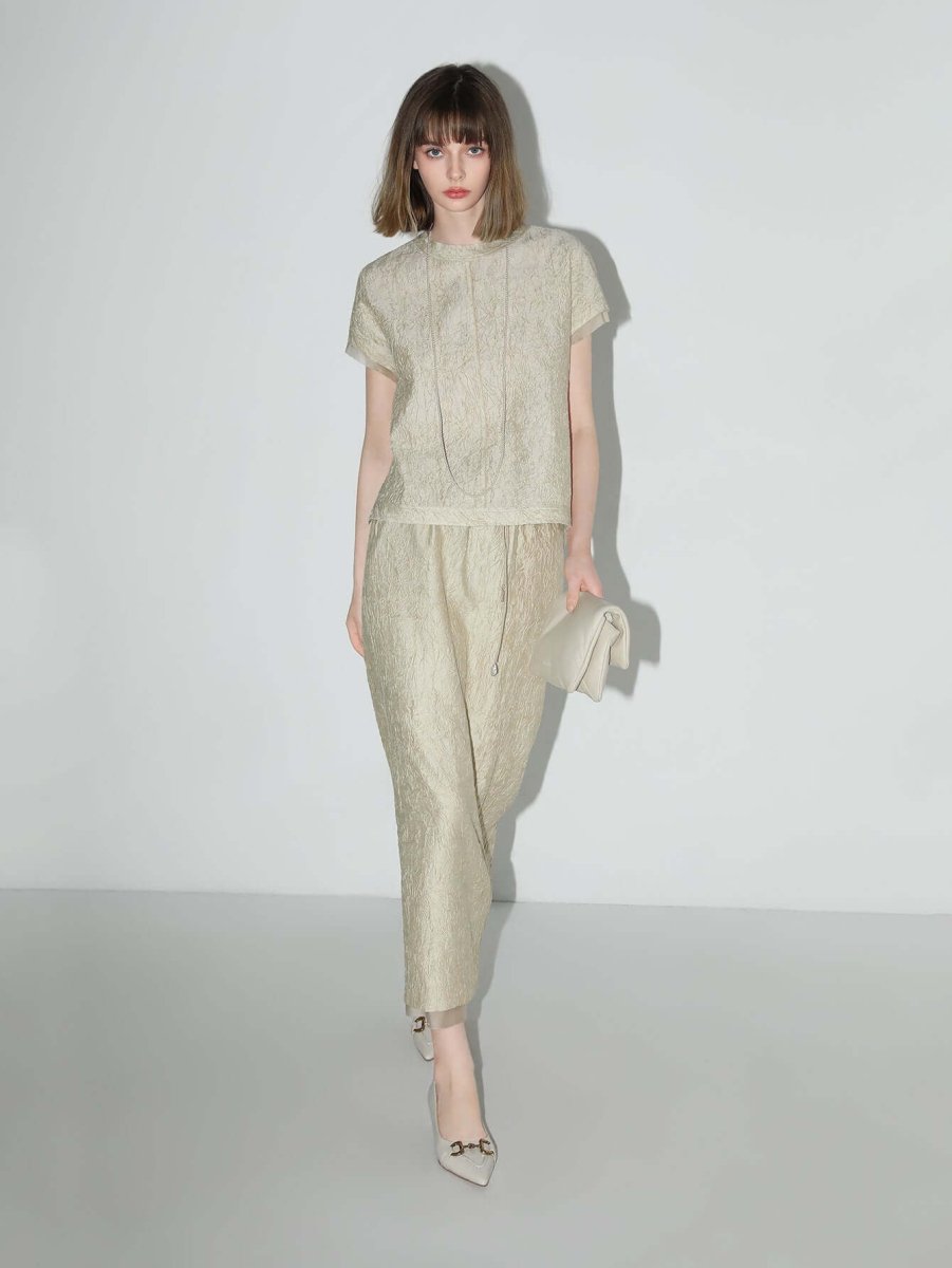 Champagne Satin Tee with Crumpled Texture Polyester Blend-0