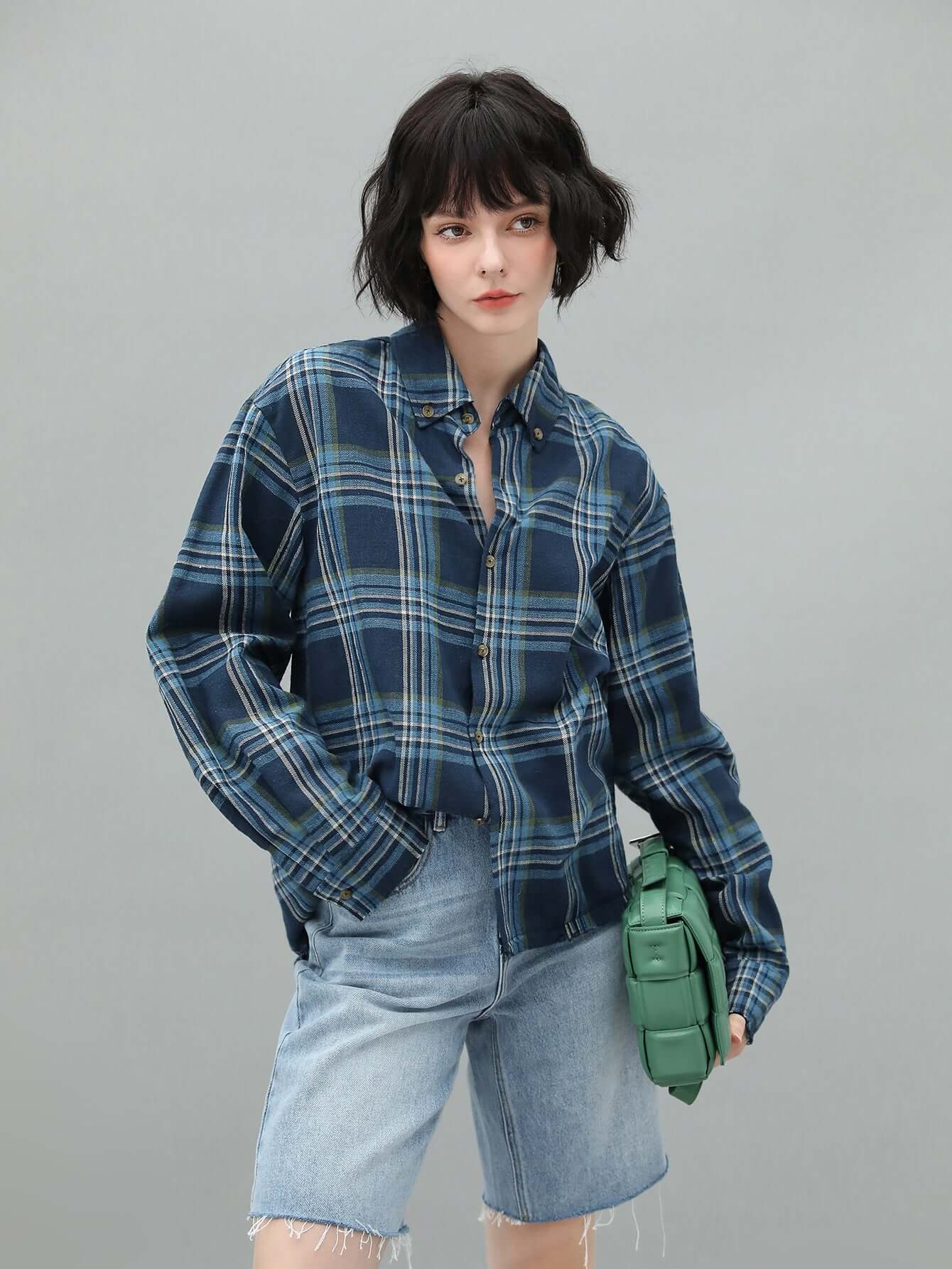 Classic Plaid Shirt White Navy Blue Daily Wear Suitable For Autumn Season-0
