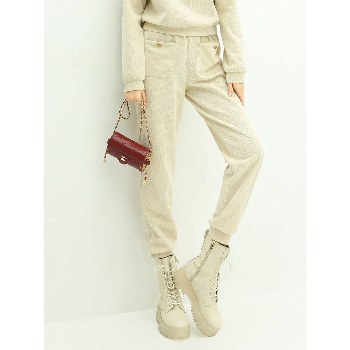 Cream Knitted Sweater Pants with Gold Snap Buttons-0