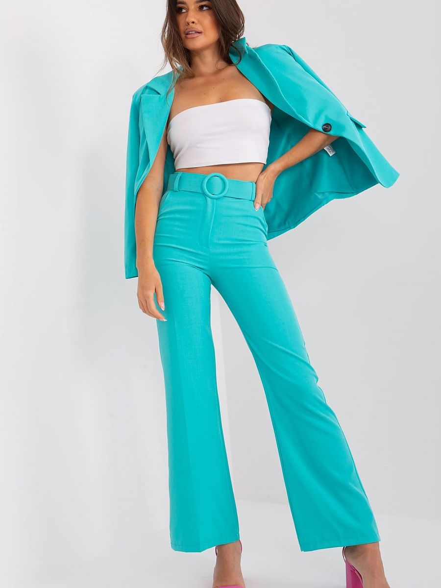 Women's High-Rise Flared Polyester Trousers with Belt