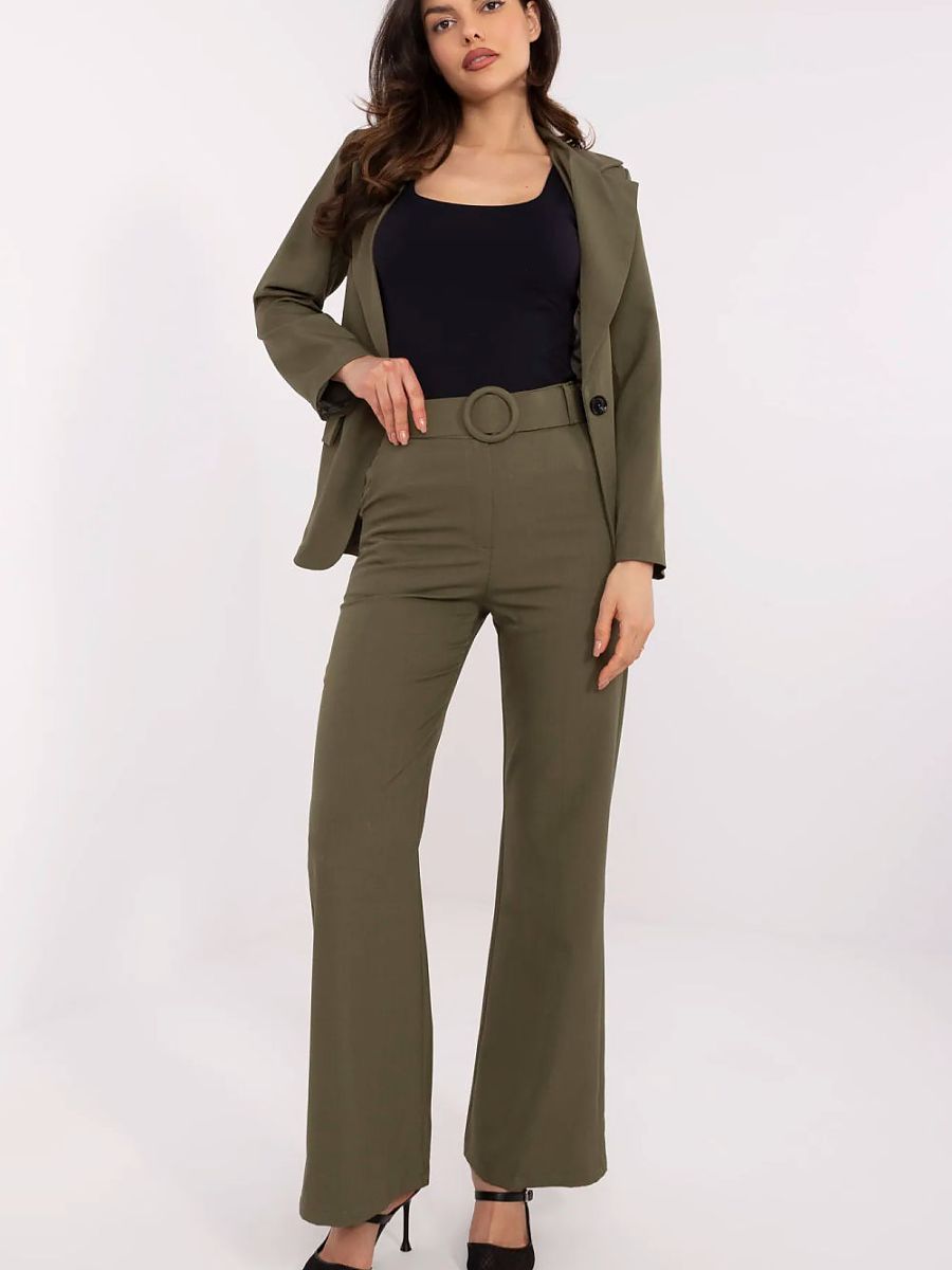 Women's High Waist Trousers with Belt Italy Moda Polyester Fabric Wide Leg Office Pants-0