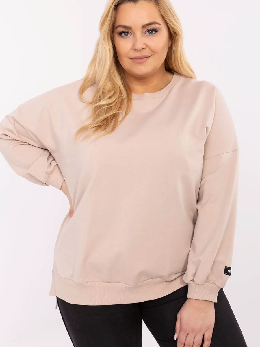 Plus Size Beige Casual Sweatshirt Cotton 90%-0