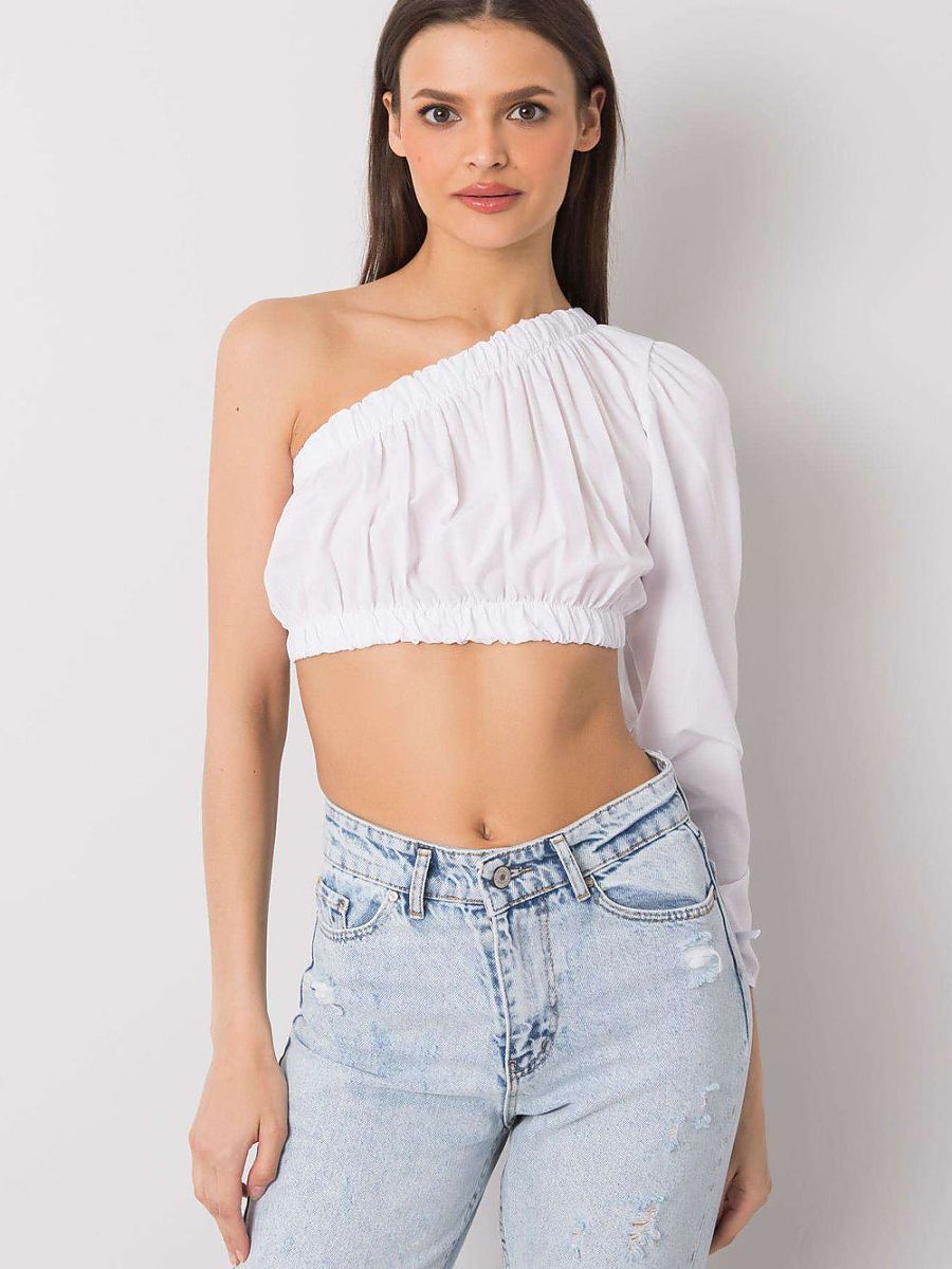 Cotton White Asymmetrical Neckline Long Sleeve Blouse Rue Paris-0