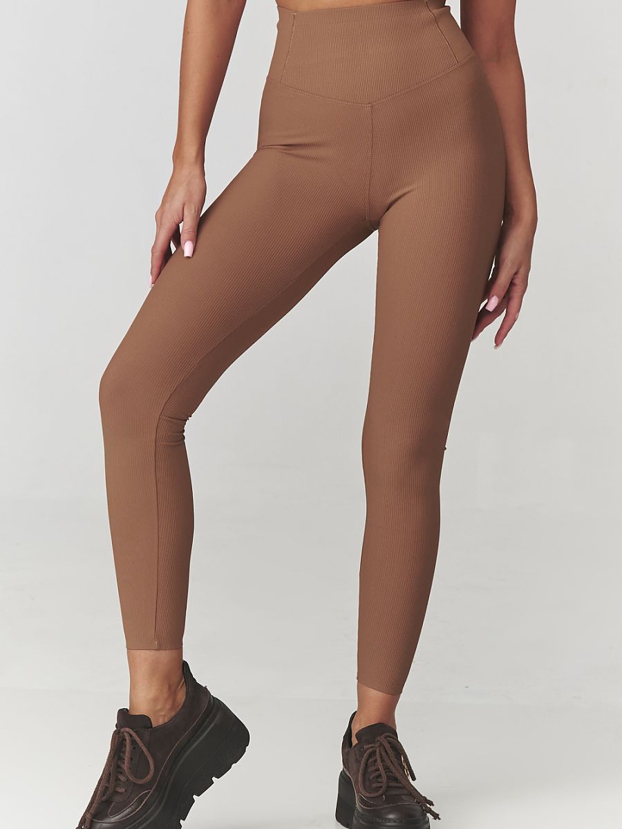 Brown Long Women's Makadamia High Waist Ribbed Sporty Comfort Leggings 20% Spandex-0