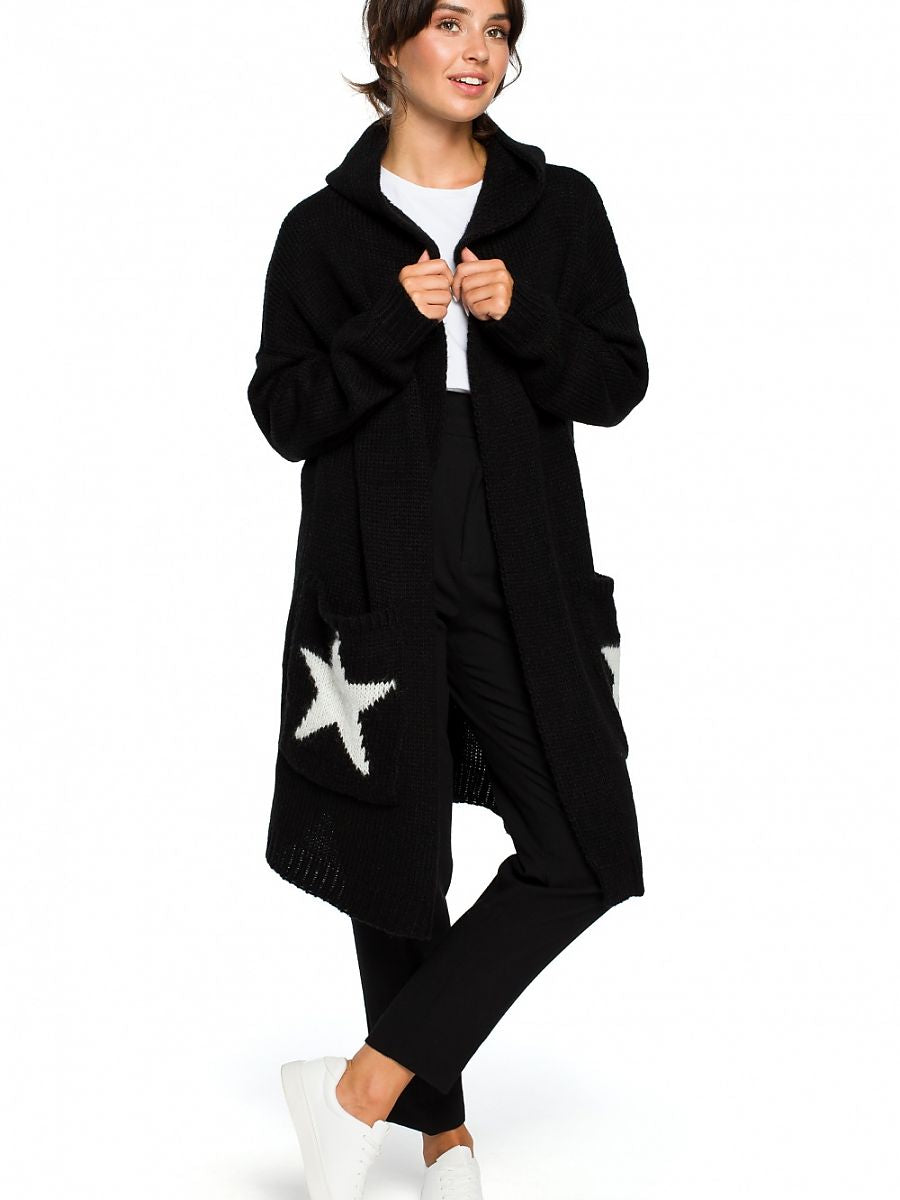 Black Star Pattern Acrylic One-Size-Fits-All Cardigan for Women-0