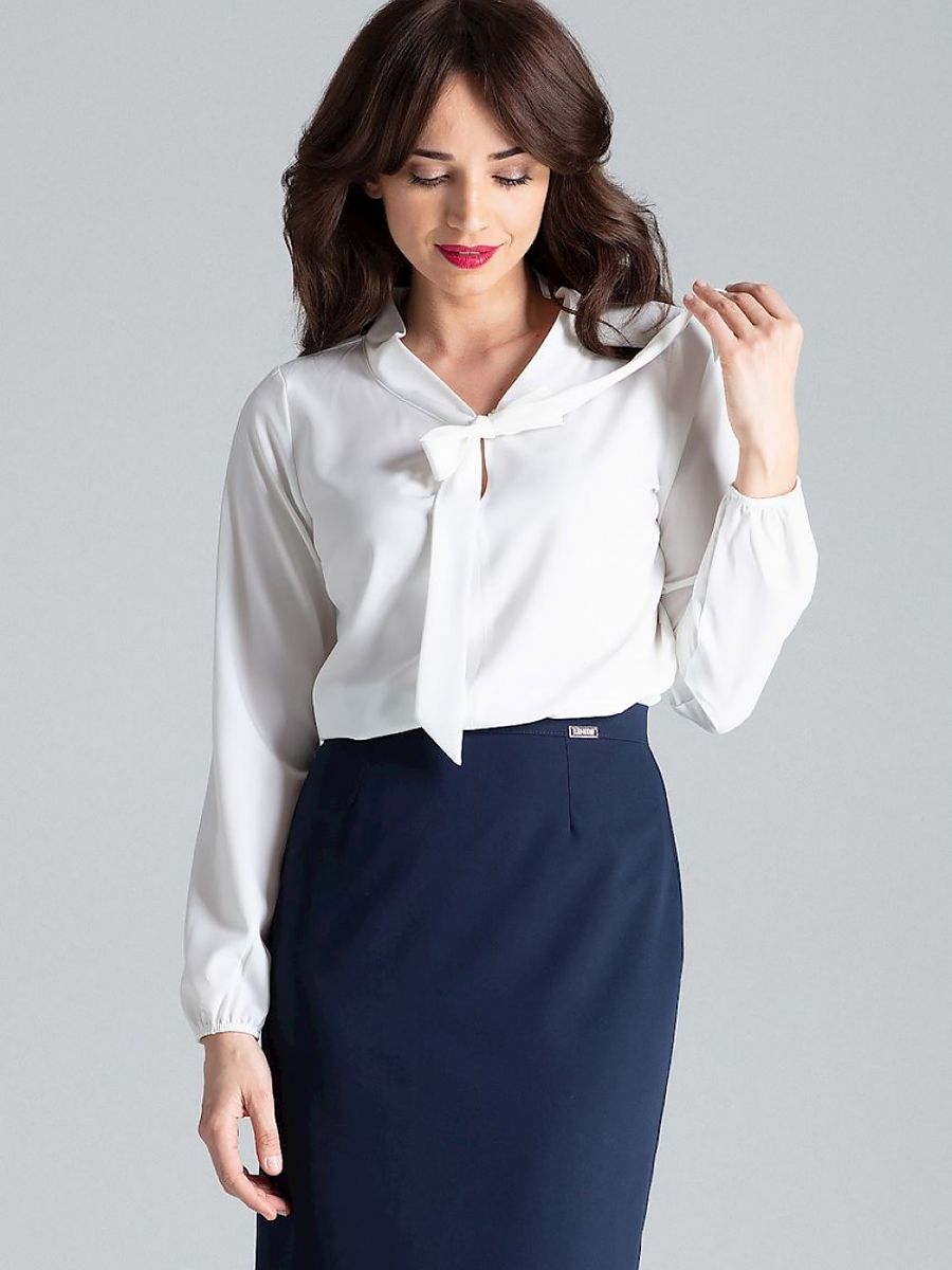 Long Sleeve Beige Women's Blouse with Decorative Tie-0