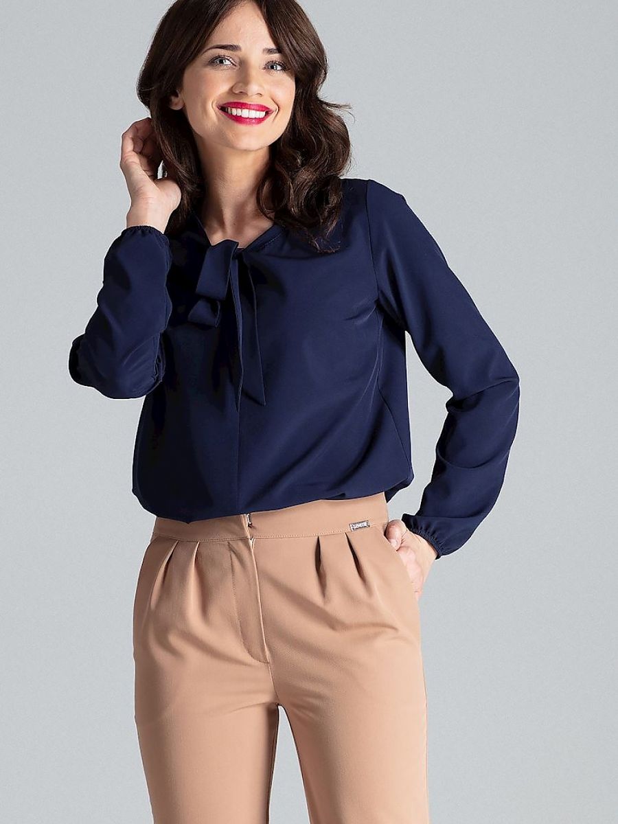 Navy Blue Women's Long Sleeve Blouse with Elastic Band-0