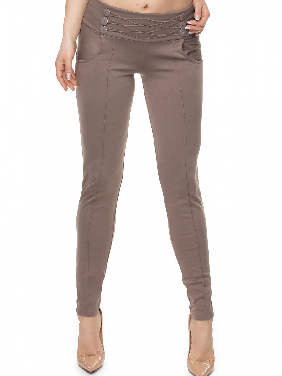 Beige Fitted Trousers with Buttons & Slip Pockets Polyester Blend-0