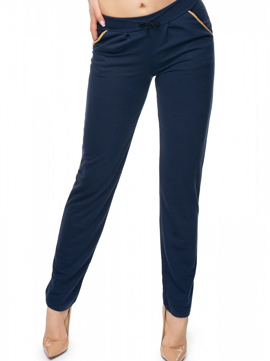 Navy Blue Loose-Fit Trousers with Gold Piping Polyester Viscose Blend-0