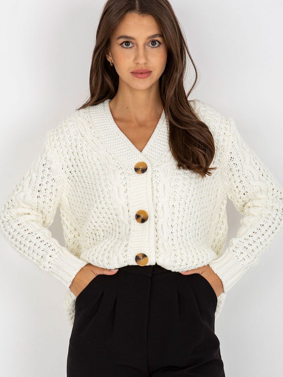 Beige Women's Acrylic Heart Neckline Long Sleeve Button Cardigan One-Size-Fits-All-0