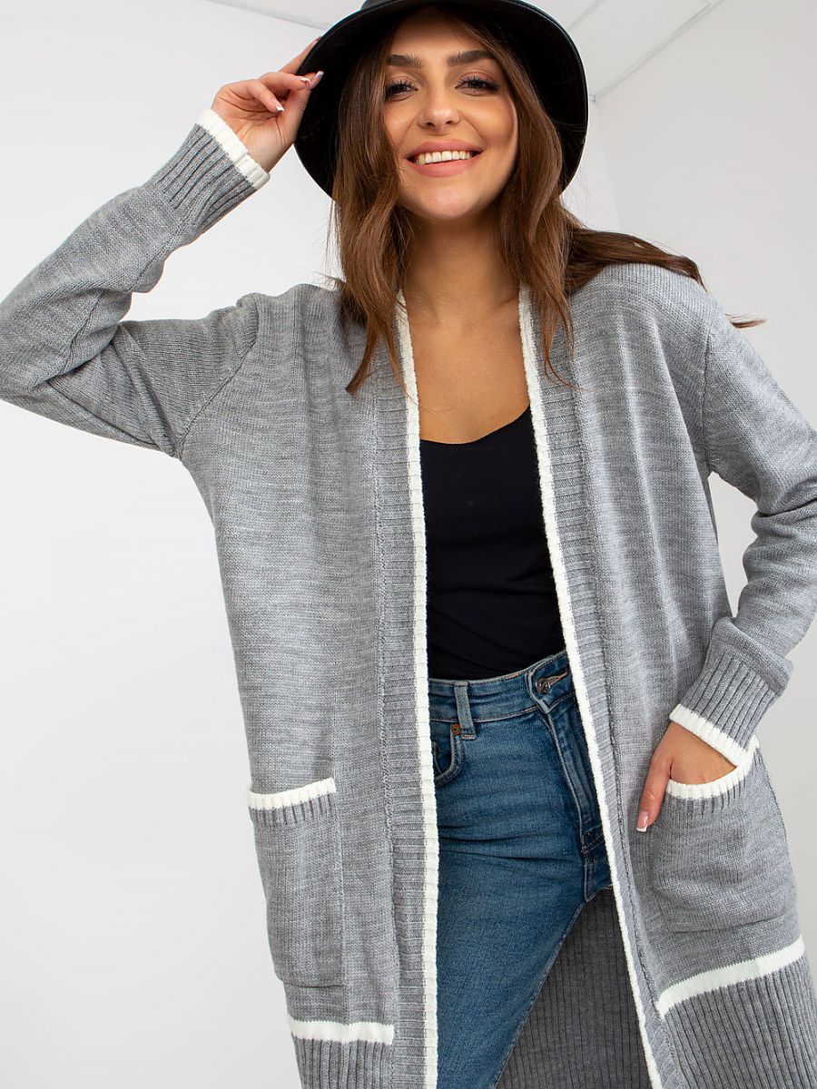 Women's Grey Long Sleeve Acrylic Cardigan Large Pockets One Size-0