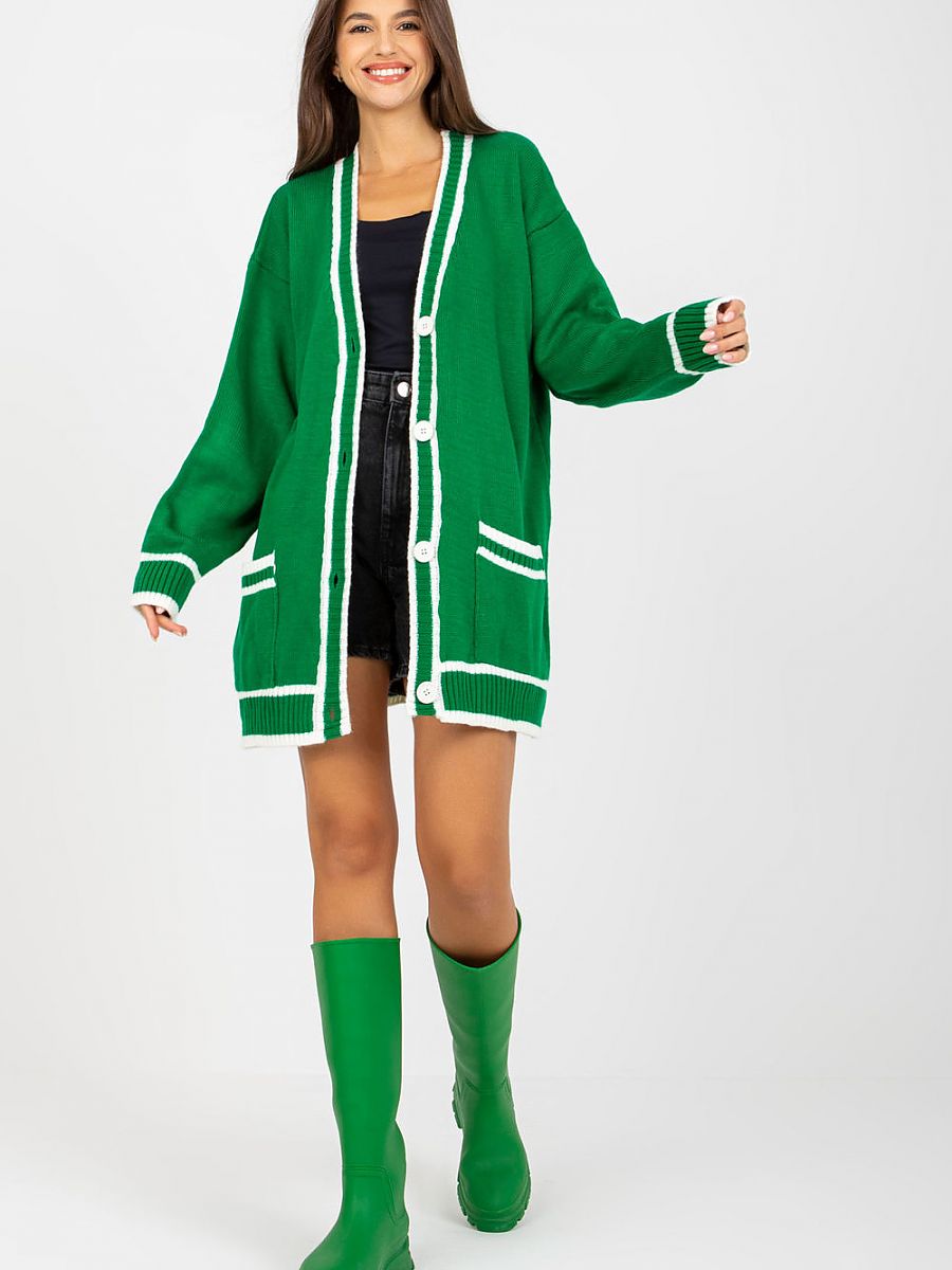 Green Acrylic One-Size Cardigan with French Contrast Trim for Women-0