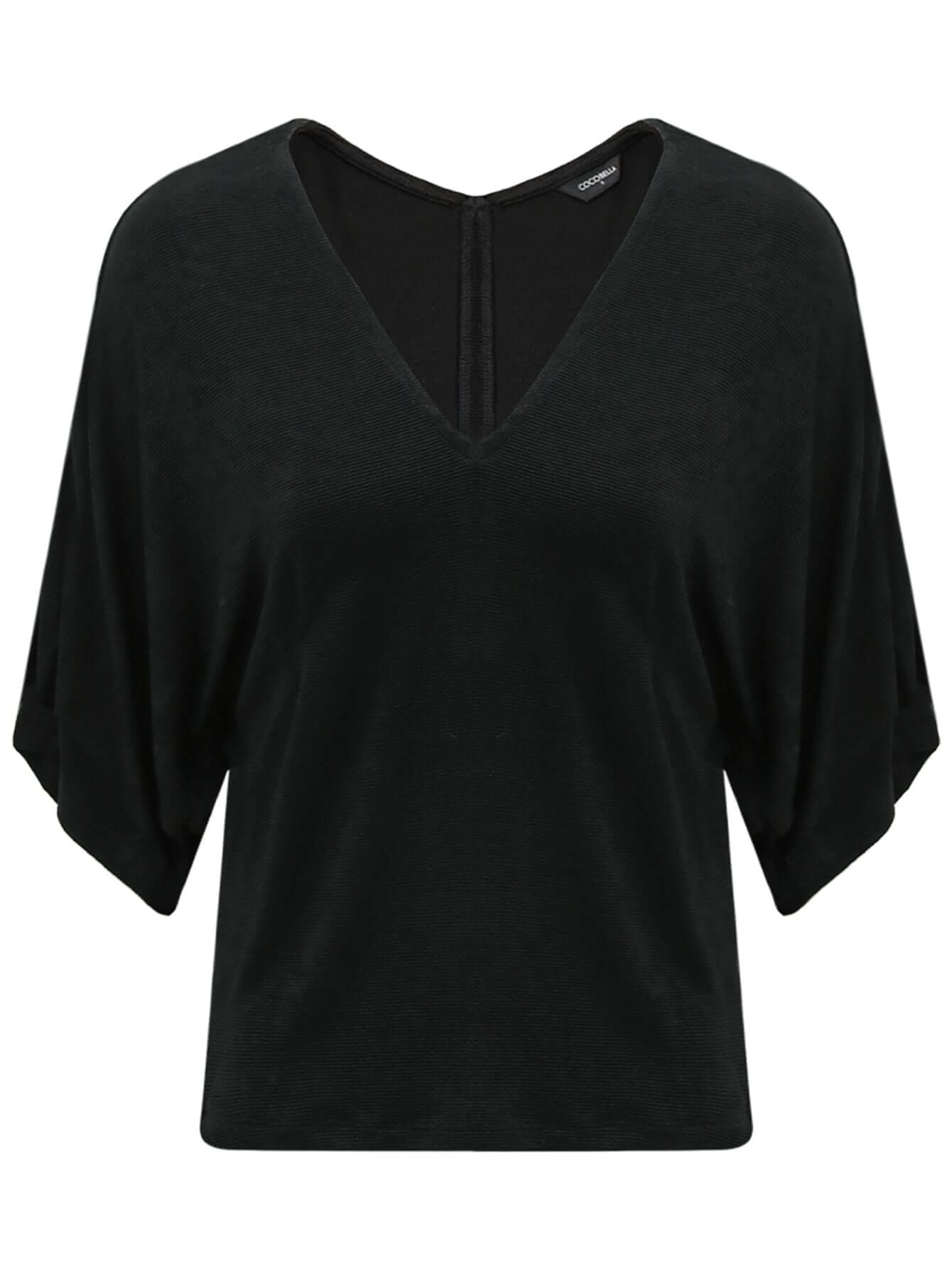 Deep V Neck Black Knit Top Lightweight Batwing Sleeves-0
